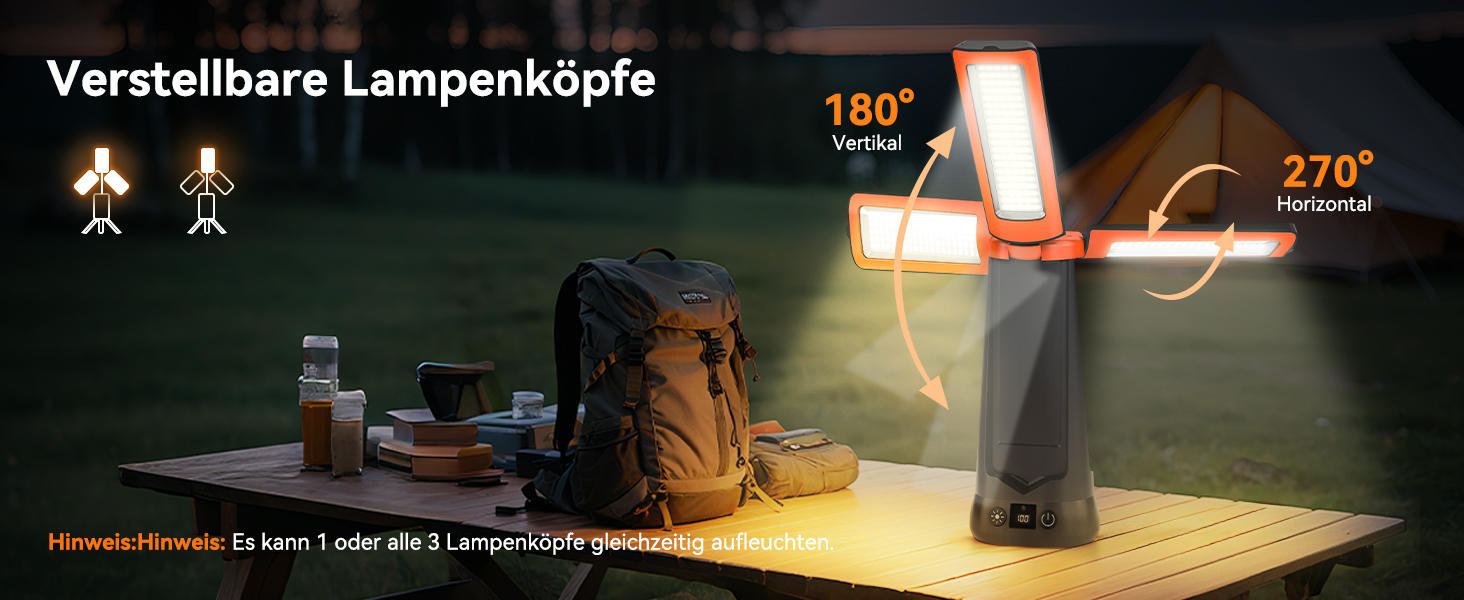 Портативна LED кемпінгова лампа 15000mAh з телескопічним штативом, 5500LM, IP65, вологостійка, для кемпінгу, подорожей, бастіону, намету, з підсвічуванням (Помаранчевий)