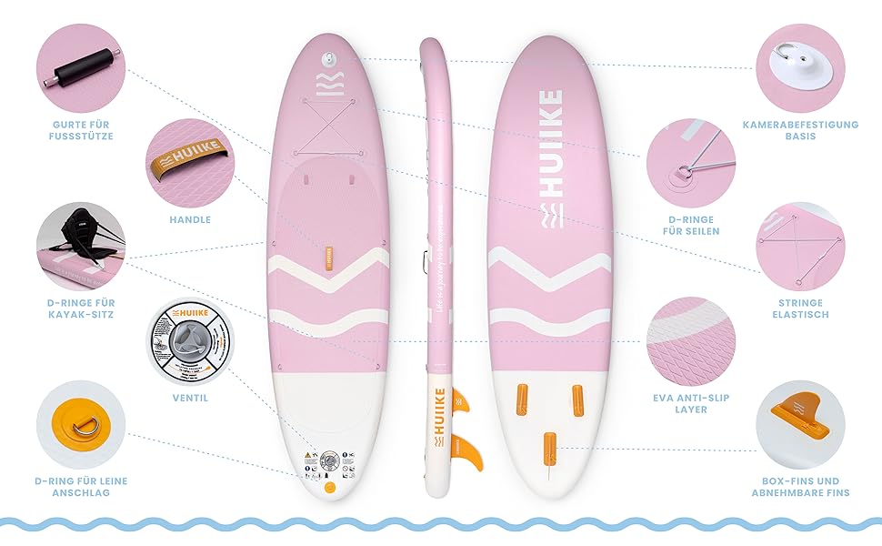 Надувний SUP Борд HUIIKE для Станд Ап Паддлінгу (Stand Up Paddling) з аксесуарами: весло, фіни, насос. Стабільний та міцний надувний SUP борд Enjoyer Pink, 305x84x15 см, до 130 кг.