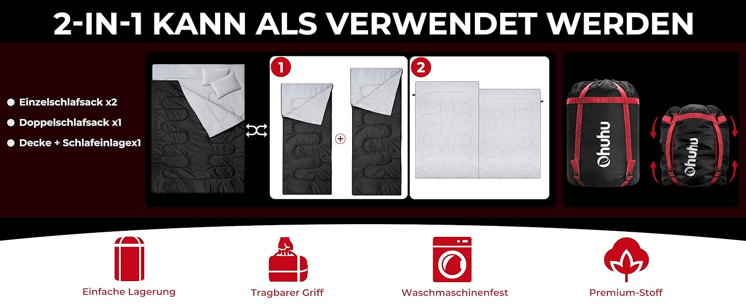 Спальний мішок Ohuhu на 2 особи, 220x150 см, чорний. Для кемпінгу, подорожей, сімейного відпочинку та фестивалів.