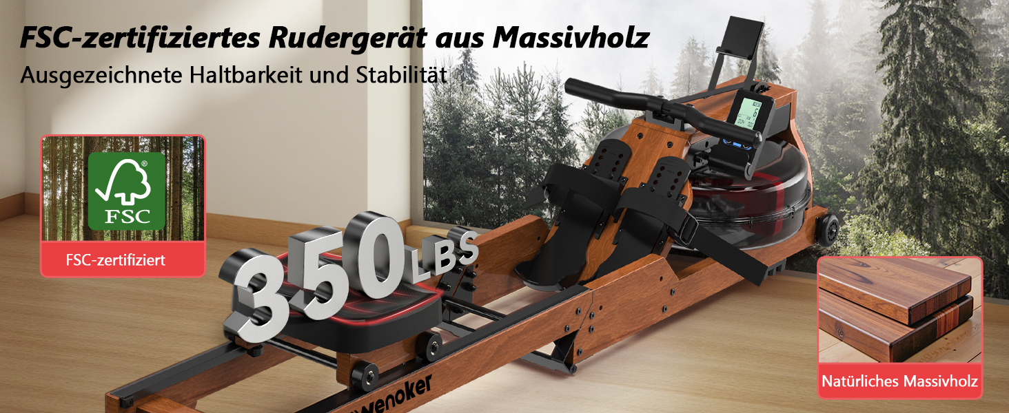 Гребний тренажер Wenoker для дому з дерева, складаний, з Bluetooth, комфортне сидіння, подвійні направляючі, до 150 кг, натуральний дуб