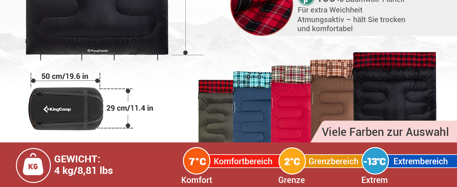 Спальний мішок KingCamp на 2 особи з фланелі, зимовий, для кемпінгу та відпочинку на природі, 3-4 сезони, з 2 подушками, підходить для дітей та дорослих (зелений)