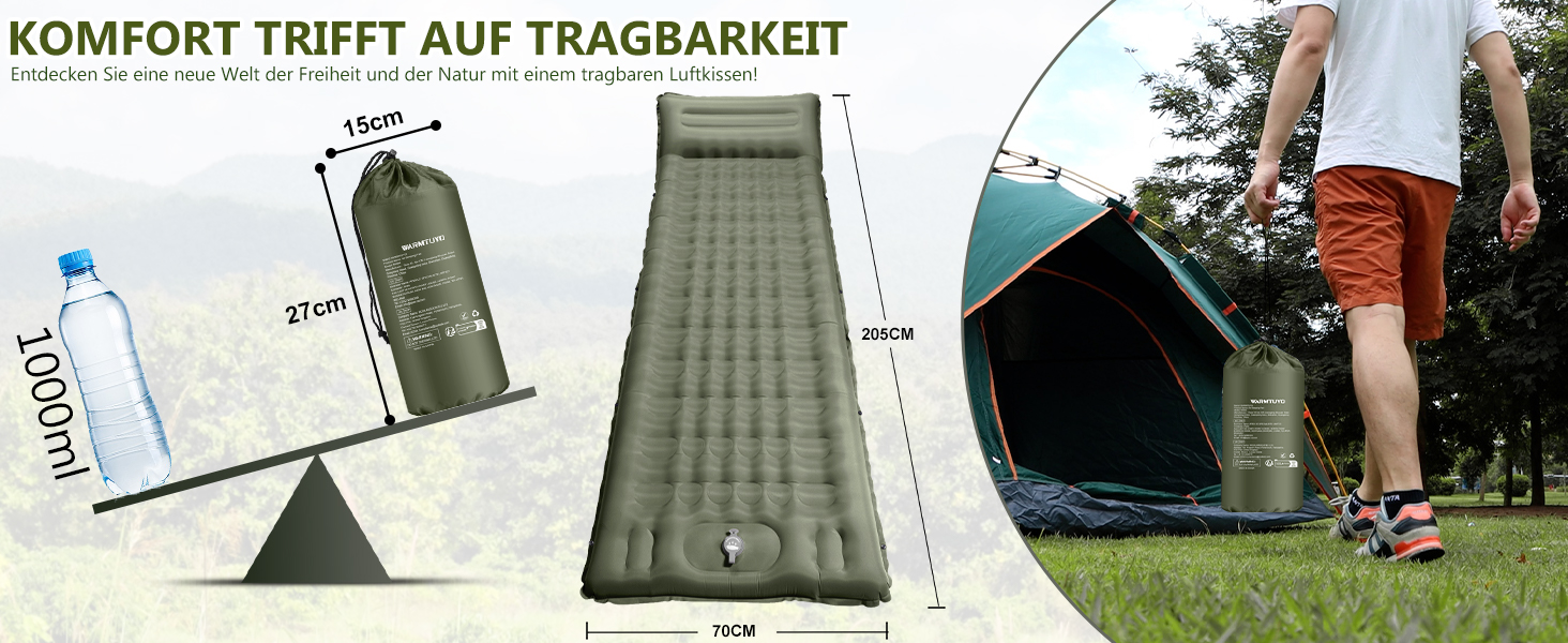 Каремат туристичний Isomatte самонадувний, 12 см, товстий, вологостійкий, з насосом для ніг та подушкою, антиковзаюча поверхня, для кемпінгу, пікніків, відпочинку на природі, армійного кольору