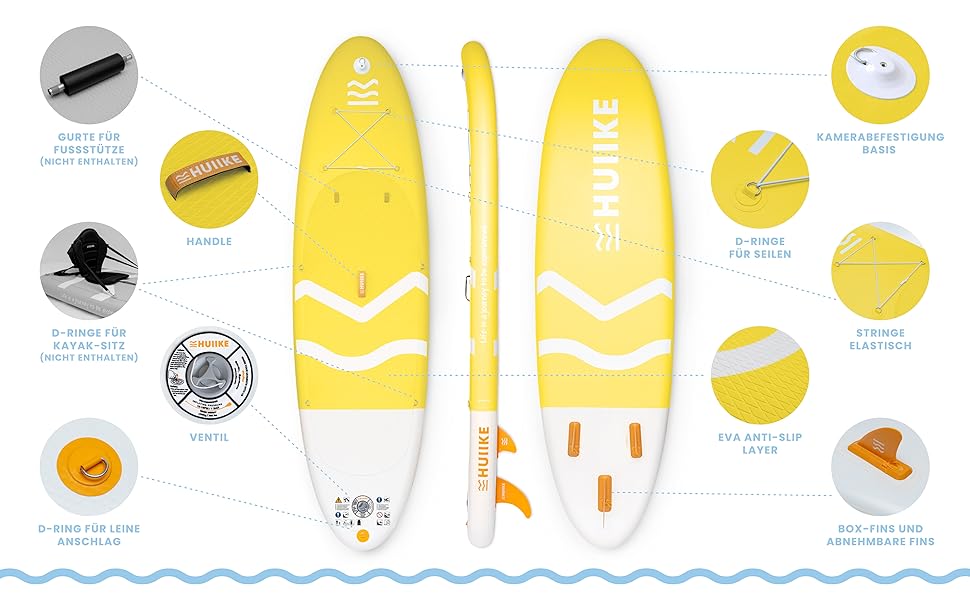 Надувний SUP-борд HUIIKE Stand Up Paddling Board з аксесуарами: весло, фіни, насос. Стабільний та міцний надувний SUP-борд 305x84x15 см, до 130 кг (Enjoyer Yellow - Essential)