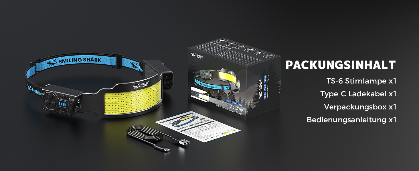 Налобний ліхтар Smiling Shark TS-6 LED, акумуляторний, 2400mAh, з регульованим світлом, 6 світлових режимів, сенсор руху, для кемпінгу, бігу, туризму