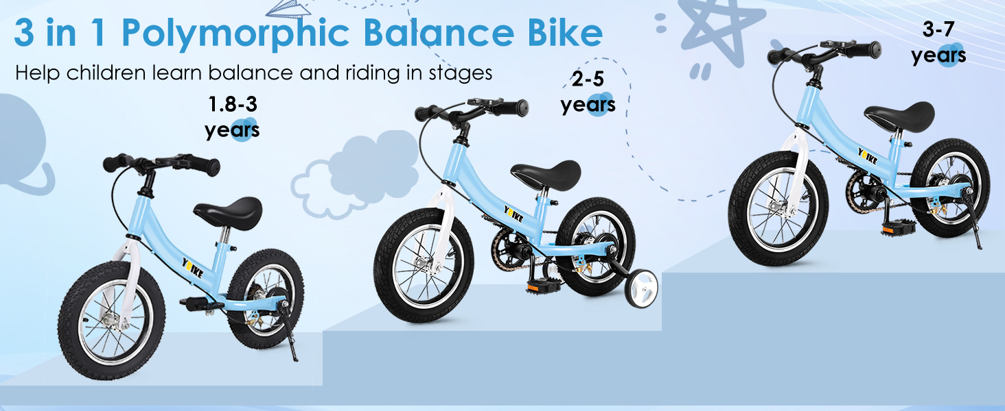 Дитячий велосипед YBIKE 2-в-1: біговел та велосипед, 12/14/16 дюймів, з гальмами та педалями, для дітей 1-7 років, блакитний