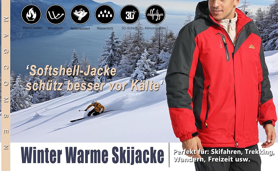 Зимова куртка MAGCOMSEN для чоловіків: тепла, водонепроникна, з капюшоном. Підходить для катання на сноуборді, активного відпочинку та роботи. Розмір L, чорний колір.