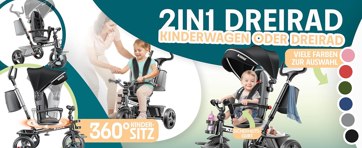 Дитяче триколісне велосипед KIDIZ 6в1 з батьківською ручкою, кошиком, дахом та гальмами. Підходить для дітей від 9 місяців до 25 кг. Рожевий.