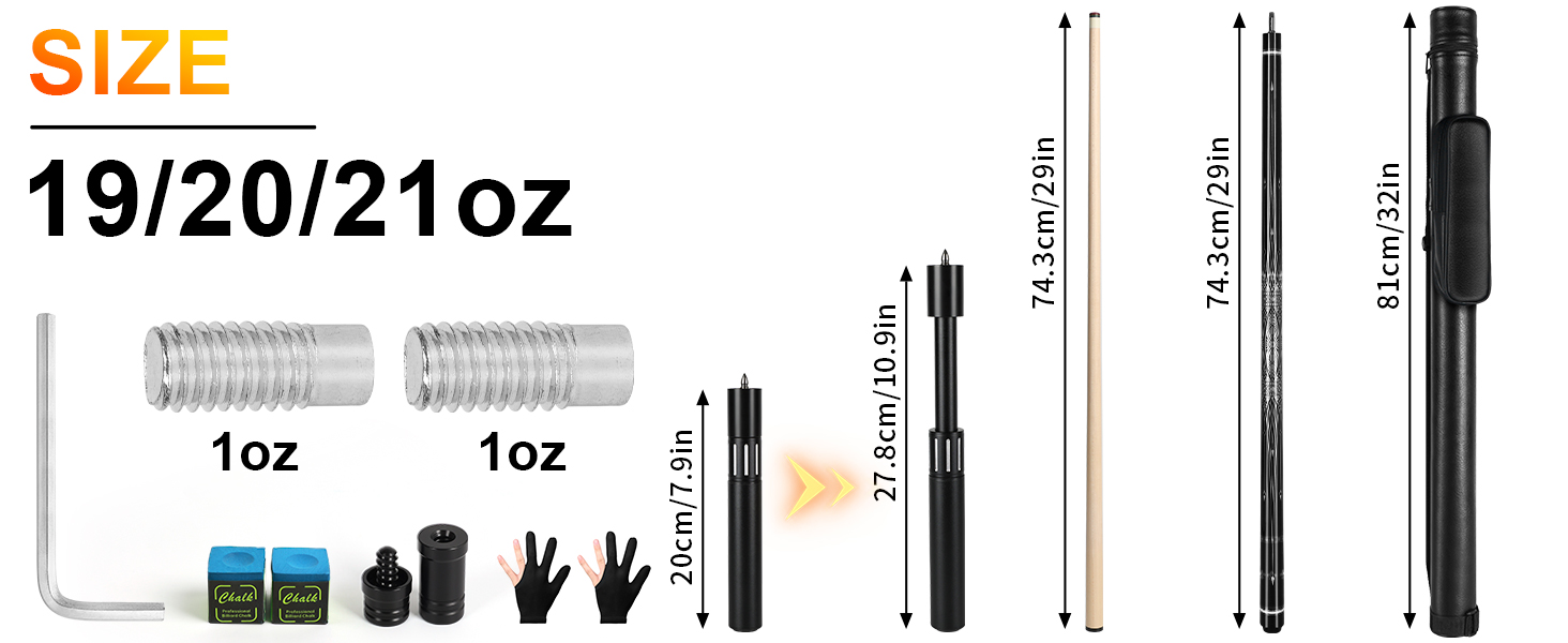 AKLOT Більярдний кий 3-в-1, 58 дюймів, з канадського клена, 19 oz. З набором ваги для 20 oz та 21 oz, з чохлом. Без подовжувача.