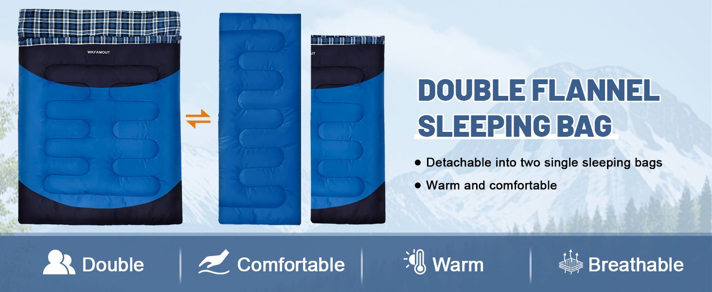Спальний мішок для двох дорослих, 220x150 см, водонепроникний, зимовий, блакитний, фланель, з сумкою для зберігання