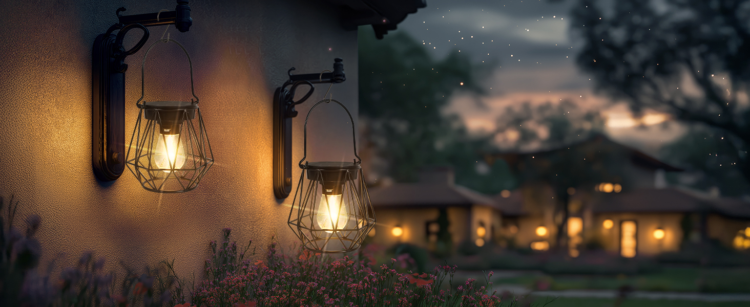 2 Сонячні ліхтарі для вулиці, підвісні, IP65, металеві, LED, для саду, патіо, кемпінгу, газону, чорні (шестикутні)