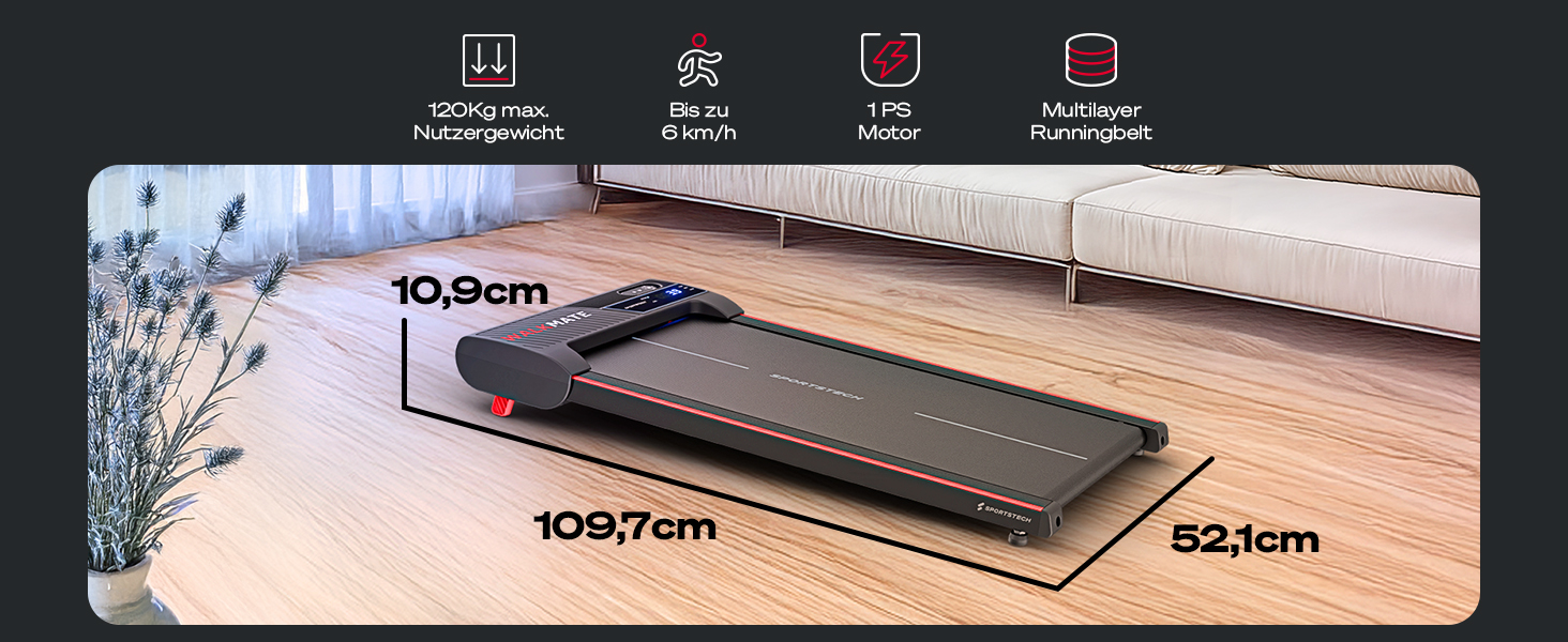 Бігова доріжка Sportstech Walking Pad до 6 км/год, ручний нахил 9%, дистанційне та додаткова керування, LCD-дисплей, крокомір, компактна, на колесах, до 120 кг