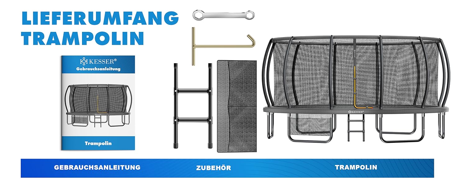 Трамплін KESSER® Outdoor Ø 244/305/366/427 см з сертифікатом GS, для дітей та дорослих (до 150 кг) з сіткою безпеки, сумкою, сходами, захисним бордюром та м'якими стійками сітки (Антрацит, Ø 427 см)