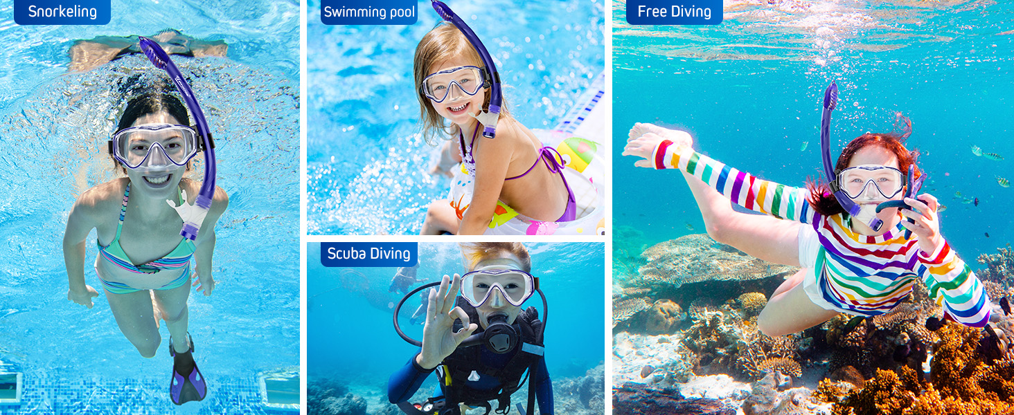 Набір для снорклінгу для дітей з ластами, маска з антизапітнінням 180° панорамний огляд, регульовані плавальні ласти та преміум сухий снорк, 3 в 1 набір для снорклінгу для дітей з сумкою, L/XL(31-36), блакитний