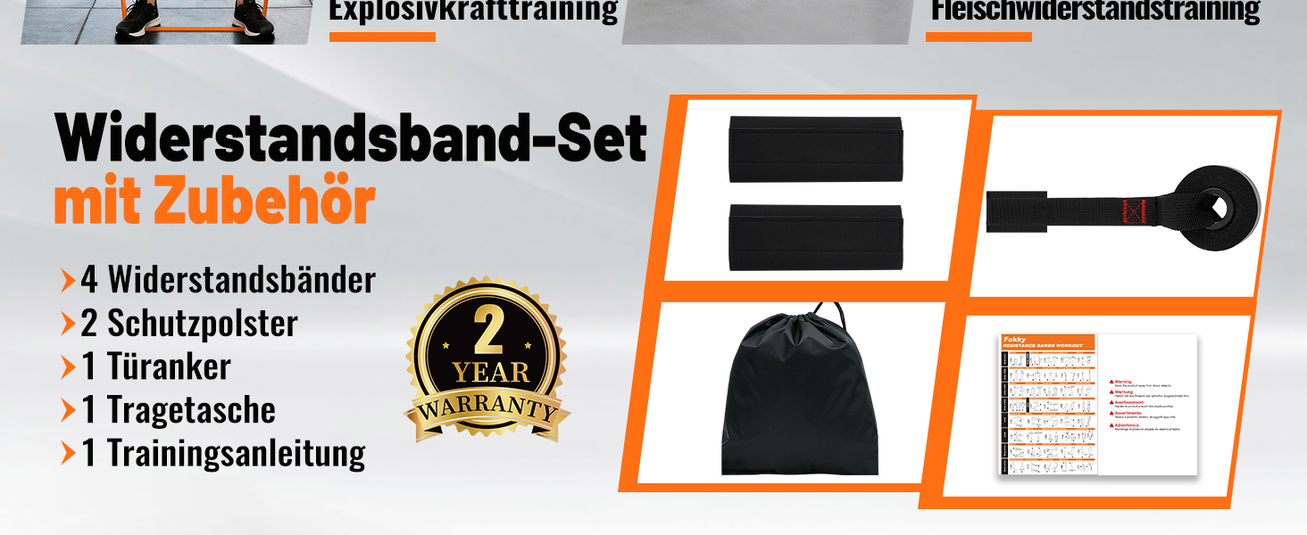 Набір еластичних стрічок Fokky для фітнесу, 4 рівні, з дверним кріпленням та захисними подушечками, для силових тренувань, чорний, фіолетовий, зелений, помаранчевий