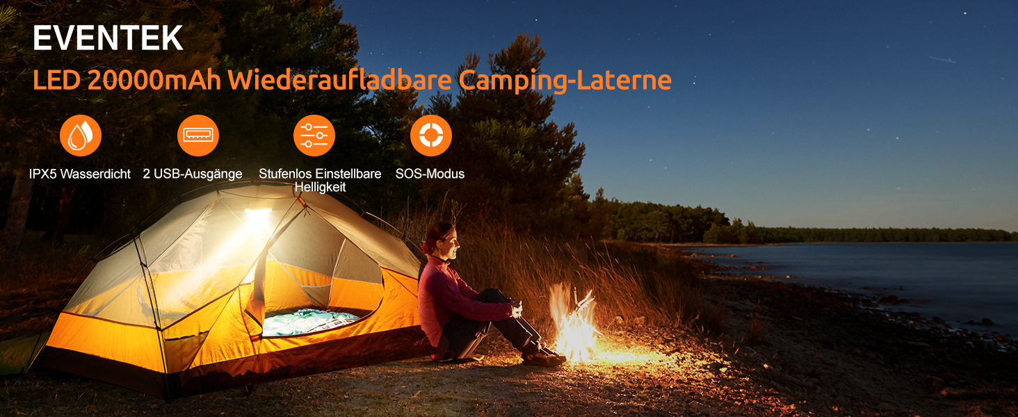 Eventek LED кемпінговий ліхтар 4000LM, 20000mAh Power Bank, USB, до 144 годин, IPX5, 4 режими, для читання, намету, риболовлі, надзвичайних ситуацій