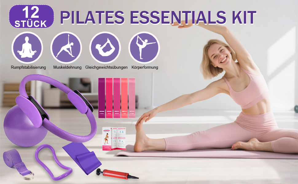 Набір для пілатесу вдома - 12 шт. (кільце 38 см, 5 еластичних стрічок, м'яч, інструкція)