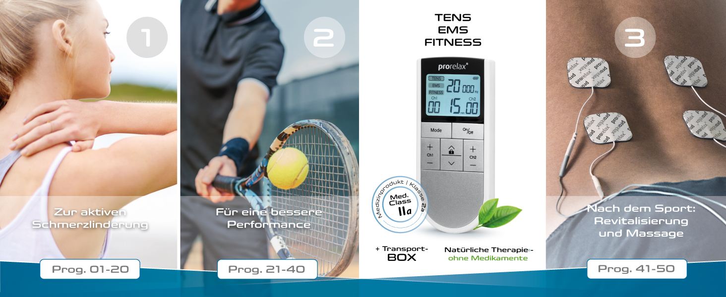 Prorelax TENS/EMS Trio: електростимулятор для релаксації, м'язів та зняття болю | 3 терапії, 50 програм, 16 рівнів інтенсивності