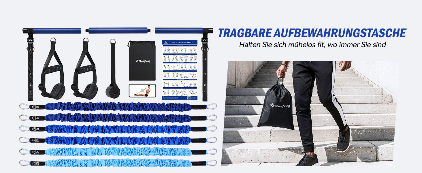 Набір для пілатесу з еластичними стрічками та стержнем, 4 рівні опору (180LBS/140LBS/240LBS/360LBS), для фітнесу, йоги, тренажерного залу, колір градієнт блакитний