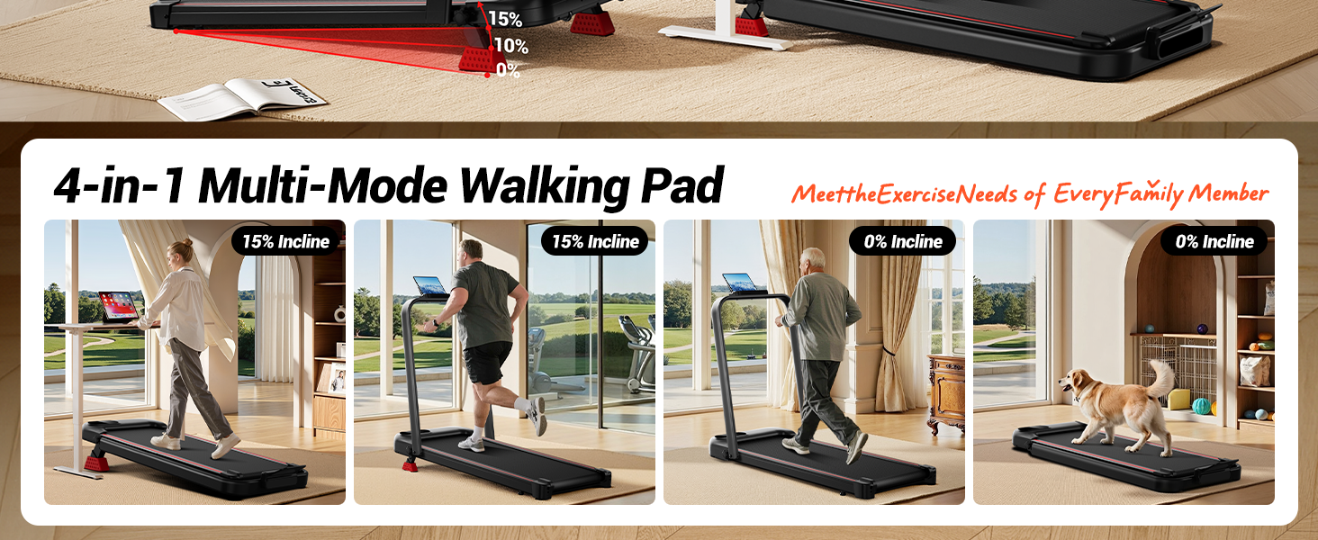 Біговий тренажер CURSOR 4-в-1: складаний, з нахилом 15%, Walking Pad з регулюванням нахилу та трійною амортизацією, дистанційне керування, максимальне навантаження 136 кг