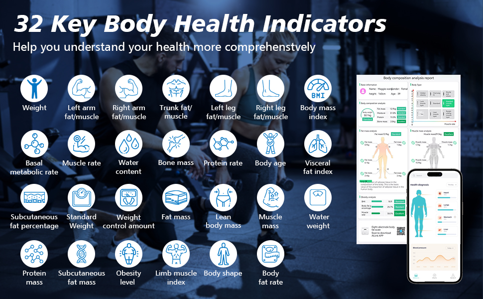 Вага для вимірювання жиру в тілі з датчиками, аналізатор складу тіла з великою ручкою-дисплеєм, вага з 8 високоточними сенсорами та APP, персональна вага з аналізом жиру для 32 показників (Чорний)