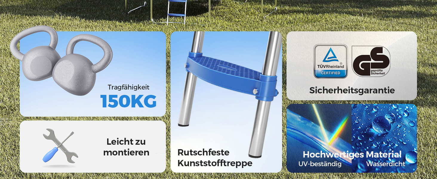 Батут Sekey Outdoor 244/305/366 см - сертифікований TÜV Rheinland GS, дитячий, для саду, з безпечним мотузковим драбиною, посиленим захисним сіткою та захисним бортиком, блакитний (305 см/10 футів)