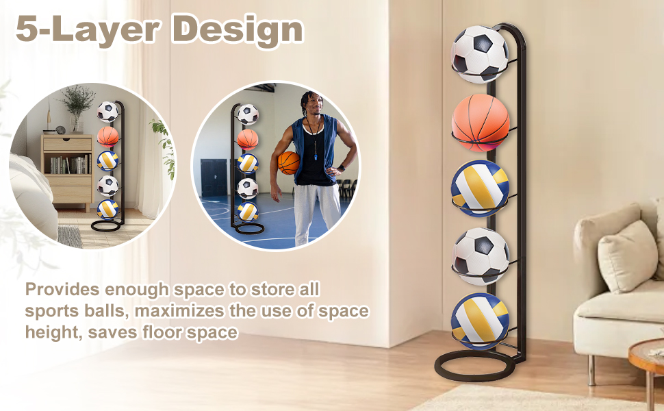 Стійка для зберігання м'ячів Kleemeiero: баскетбольний, футбольний, волейбольний, 5 м'ячів, 23.5 см, білий/чорний