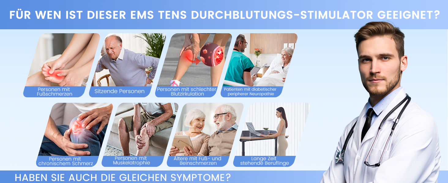 Масажер для ніг та стегон EMS, стимулятор кровообігу – покращує циркуляцію крові, знімає втому ніг та стегон, з 4 електродами TENS, блакитний/сірий