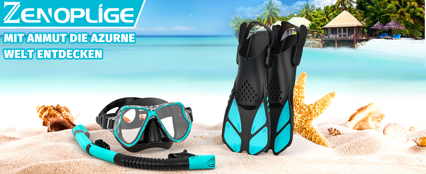 Набір для снорклінгу Zenoplige для дорослих: маска, трубка та ласти. Чорний з зеленим (2023) S/M