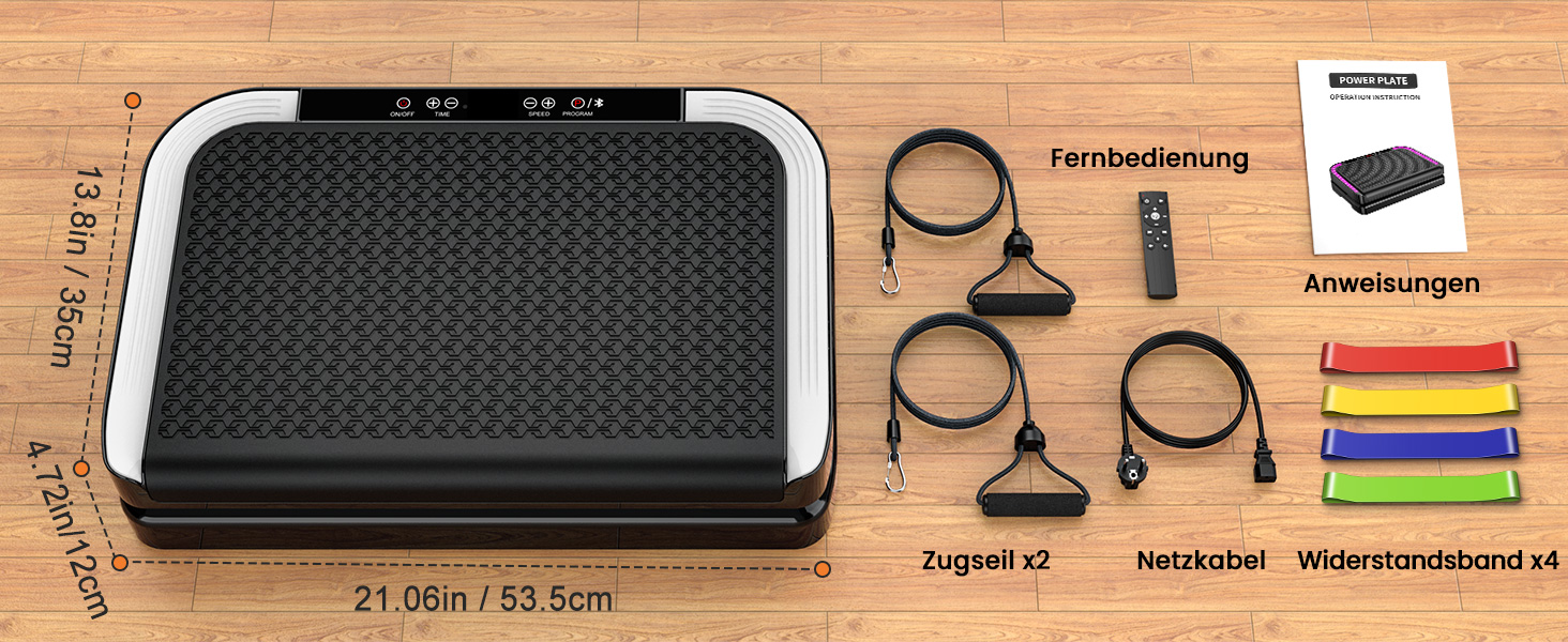 Віброплатформа для фітнесу з 200 рівнями інтенсивності, 9 програмами, Bluetooth, пульт, резинки, до 200 кг, для дому