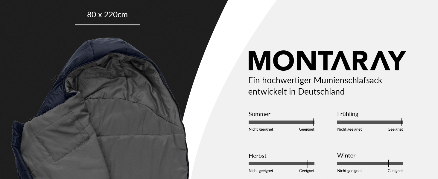 Спальний мішок MONTARAY® Mumienschlafsack для 3-4 сезонів, 8°C до -5°C, з подушкою, 80x220cm, блакитний, для жінок та чоловіків (теплий)