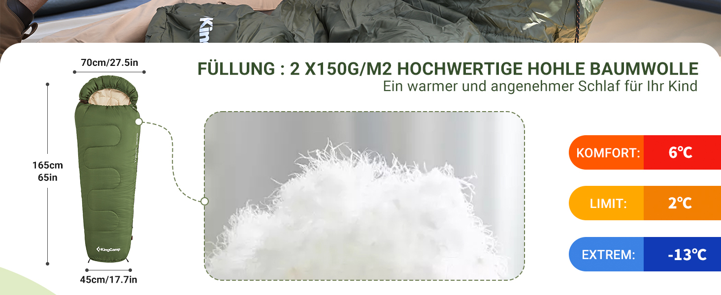 Сплячий мішок KingCamp для дітей та дорослих, 3-4 сезони, двошаровий, теплий, сірий, для кемпінгу та походів, 165x70x45 см