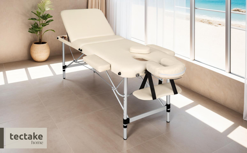 Масажний стіл Tectake 3 зони, складаний, з регулюванням висоти, з аксесуарами (підголовник, підлокітники, сумка) - бежевий