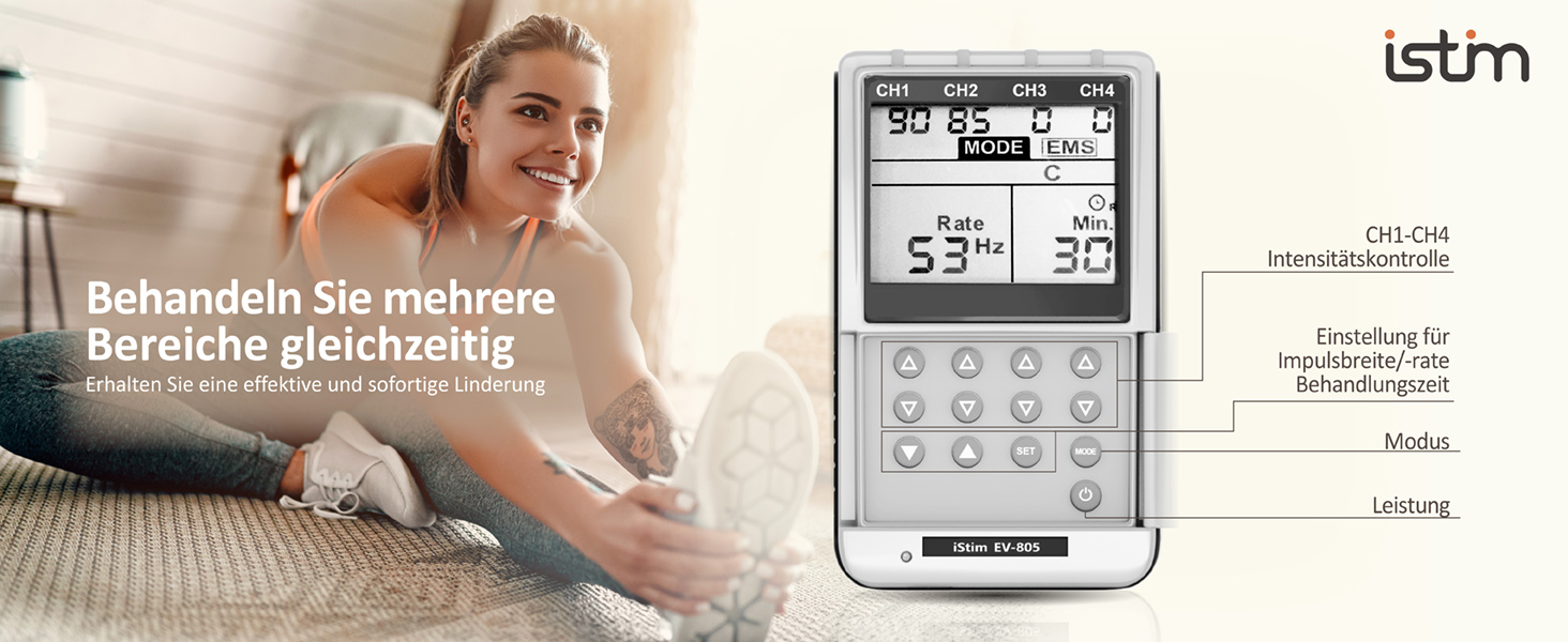 iStim EV-805 TENS EMS: 4-канальний апарат для електростимуляції та масажу - зняття болю в спині, шиї, плечах, ногах. Комплект з 16 електродів та батарейками AA