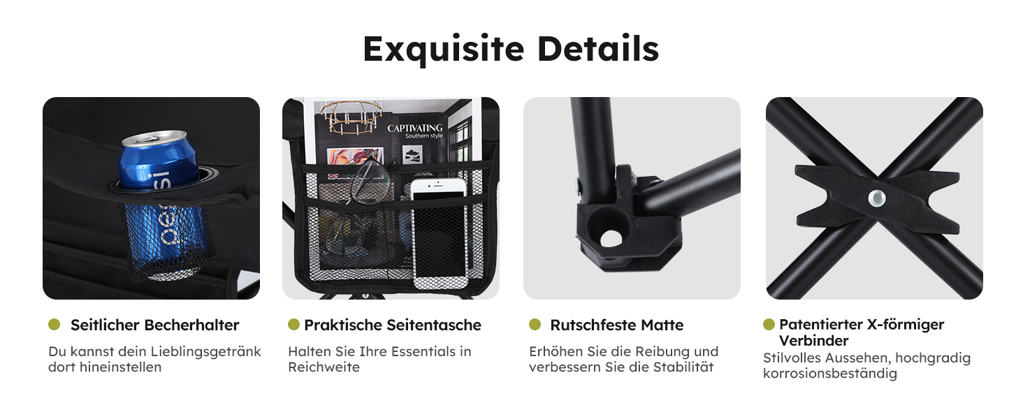 Набір з 2 шт. складаних стільців для риболовлі та відпочинку на природі High Point Sports, до 120 кг, з підстаканником та відділенням для охолодження, чорний