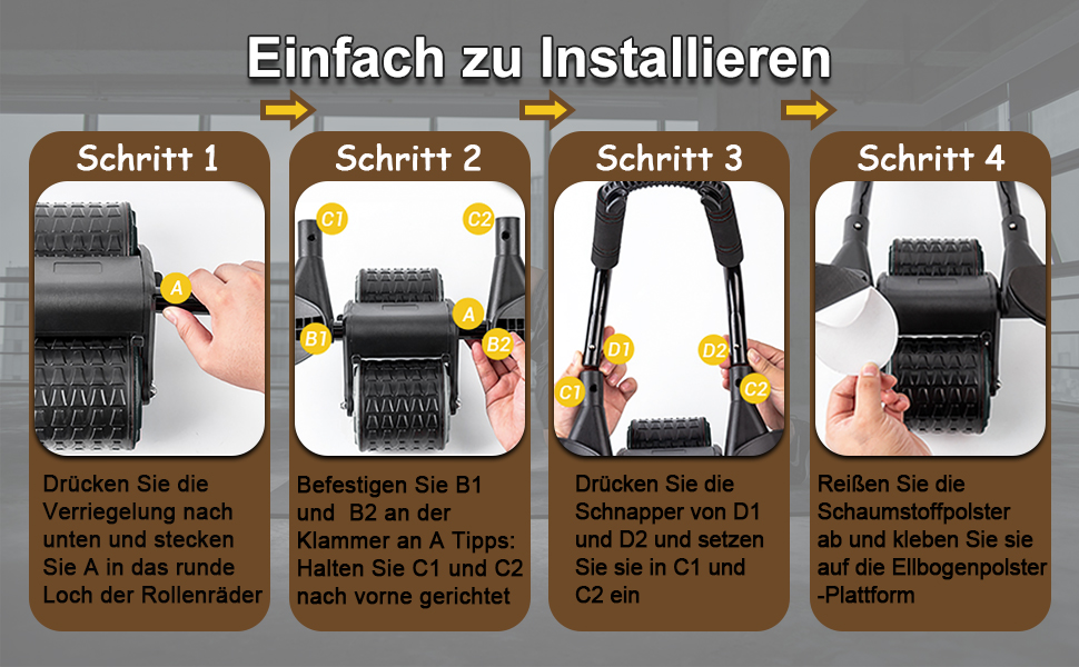 Ролер для пресу Ab Roller з підтримкою ліктів, тренажер для пресу з автоматичним відскоком, ролер для пресу з килимком для колін для чоловіків та жінок, тренування пресу на подвійних колесах, стабільний, чорний