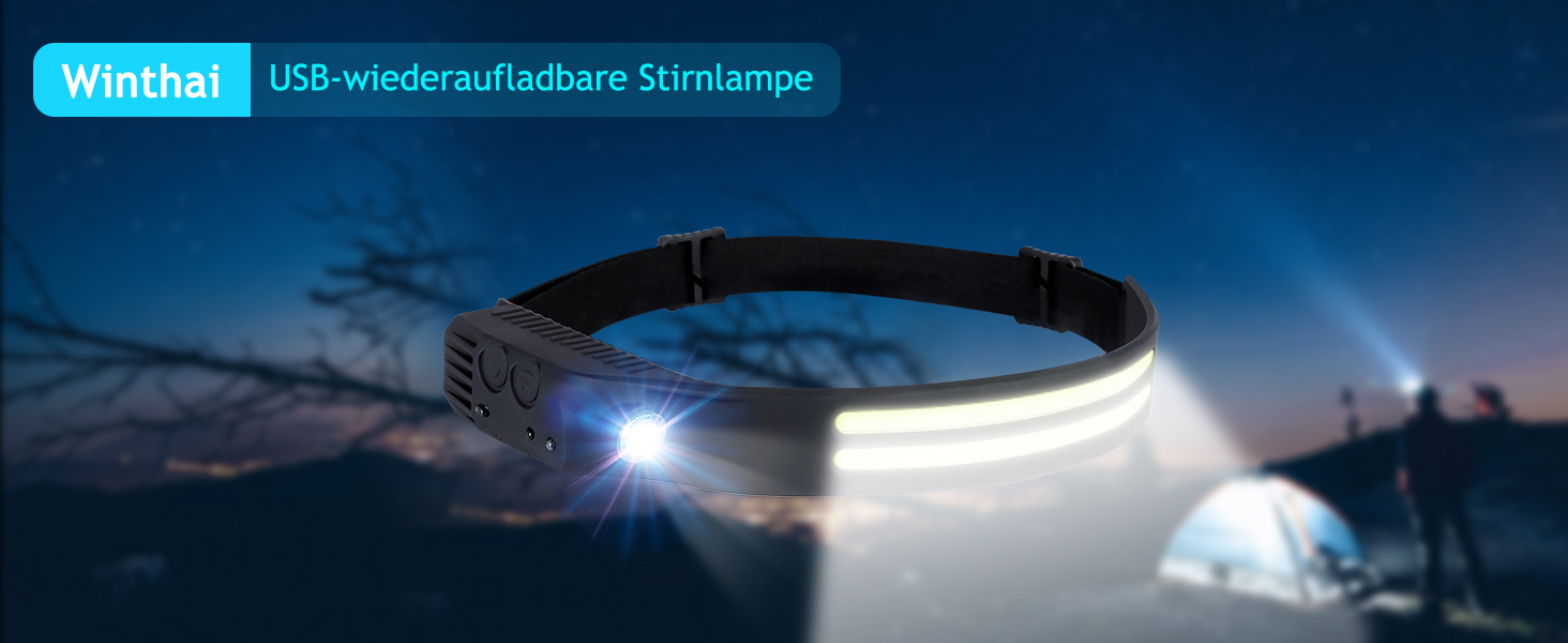 Налобний ліхтар Winthai LED перезарядна, 2 надпотужних 450 Lux з 5 режимами, 1500mAh, 230° широкий кут освітлення, IPX4 вологостійкий, 95g, ідеально для бігу, риболовлі, велоспорту, кемпінгу