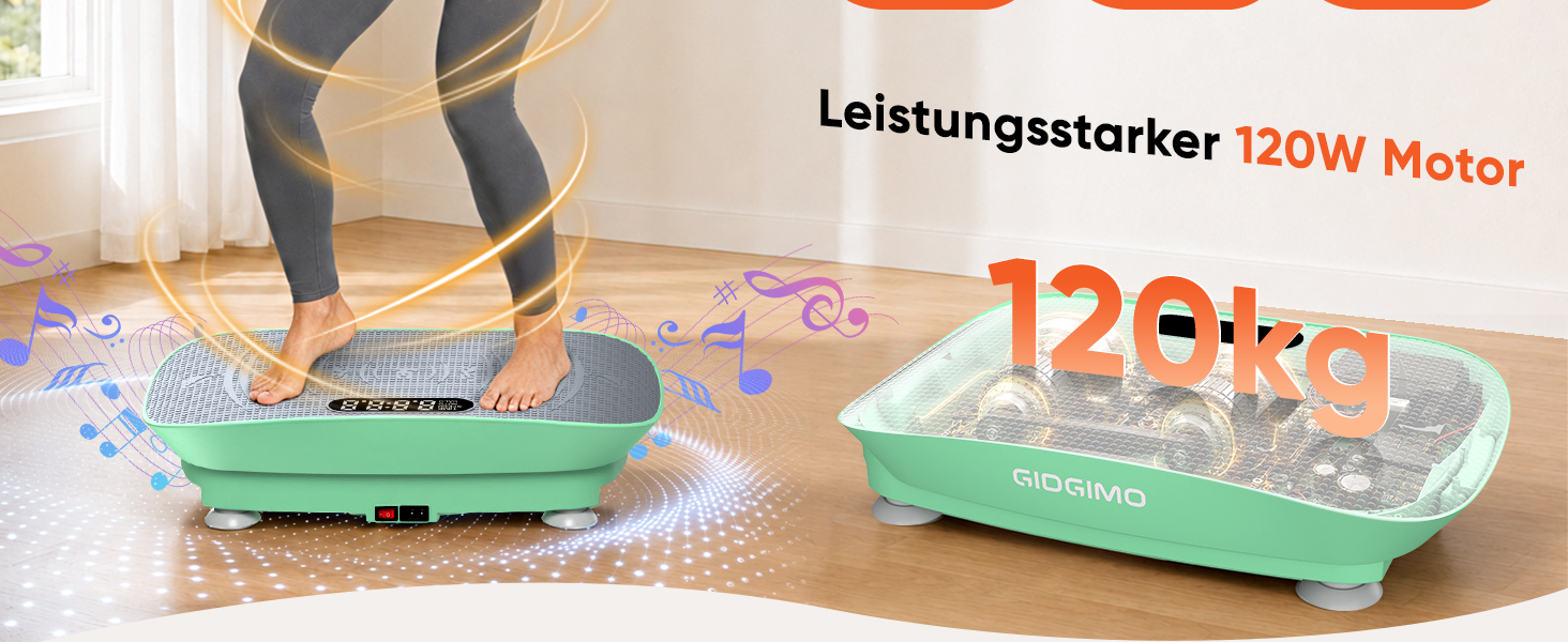 Віброплатформа для фітнесу GIDGIMO: вібротренажер для всього тіла з Bluetooth-колонкою, пультом керування та 5 еластичними стрічками, зелений
