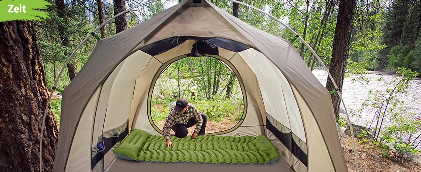 MEIJO Килимок для кемпінгу самонадувний, ізомат, туристичний килимок, Ultraleicht з насосом для ніг, товстий, для відпочинку на природі, у наметі, на пляжі, блакитний & сірий (зелений & сірий)