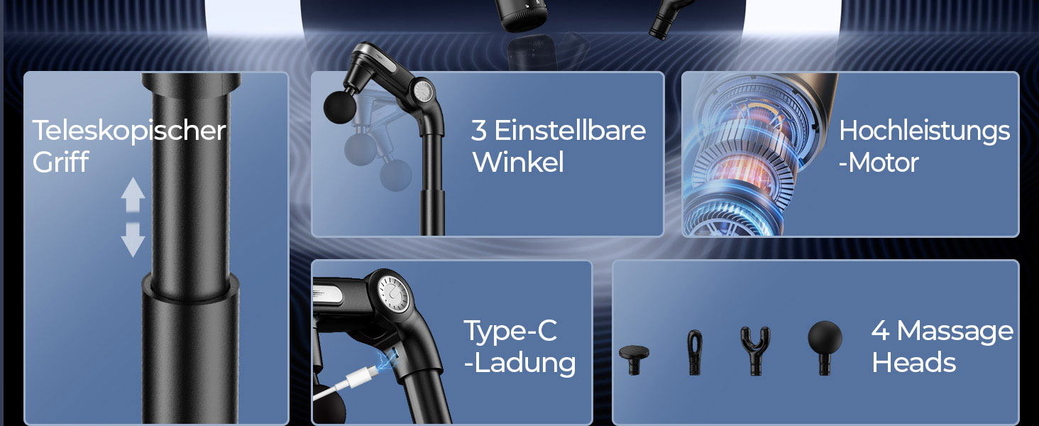 Масажер для тіла KingPavonini з висувним руків'ям та складним голівкою, масажна пістолета для спини з 3 регульованими кутами та 4 насадками, масажер - подарунок для чоловіків та жінок, чорний