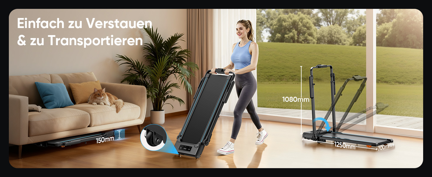 Складне бігове полотно 6-в-1 для дому, складане з регульованим столом, потужність 3.0HP, нахил до 12%, швидкість 12 км/год, Walking Pad з телескопічним підйомником 15 см та RGB-підсвіткою, максимальне навантаження 150 кг, чорно-блакитний колір