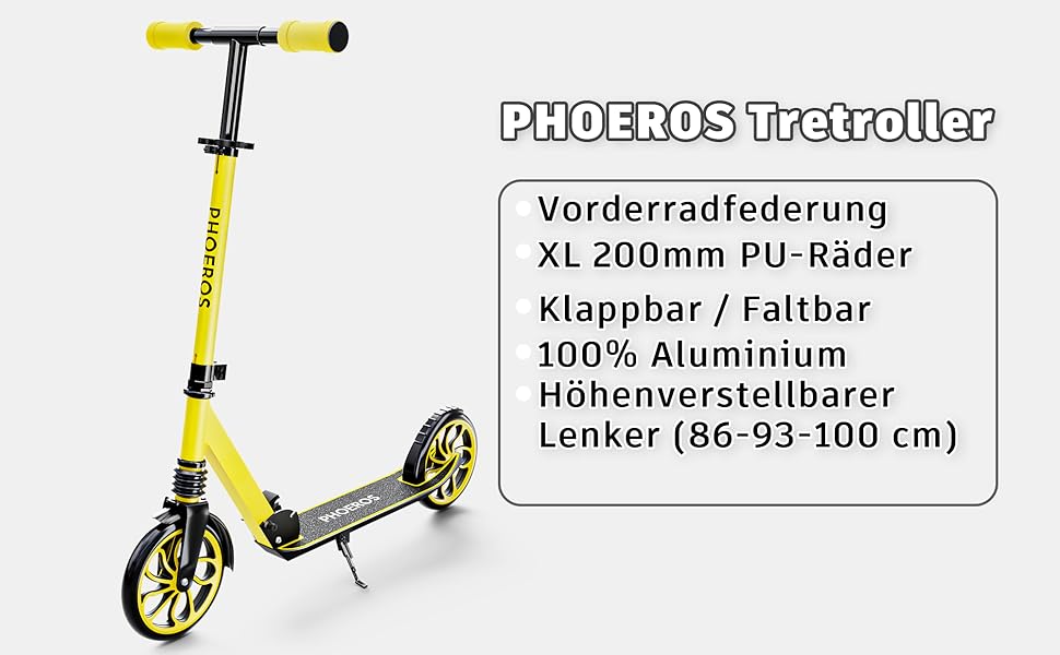 Дитячий трюковий самокат PHOEROS для дітей та дорослих, 6-12 років, складний, з амортизацією, жовтий