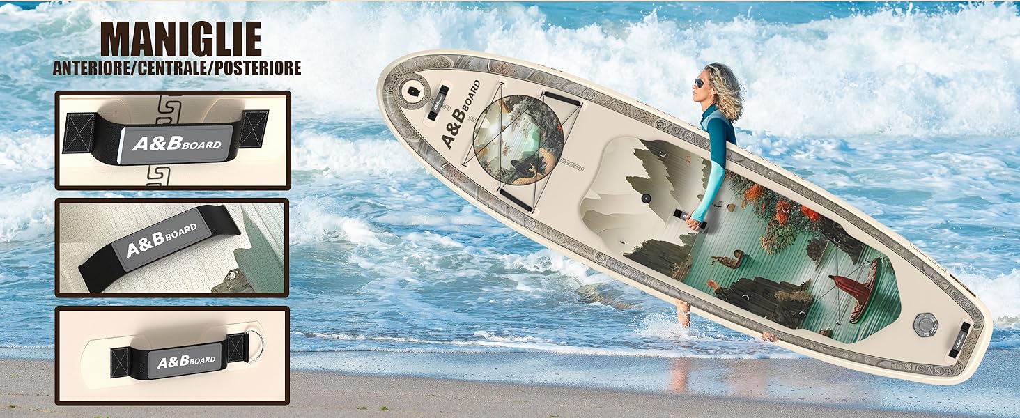 Надувний SUP-борд A&BBOARD з аксесуарами, 335х88 см, подвійна дія, рюкзак, стабільний дизайн, для юнаків та дорослих (Бежевий + Східний)