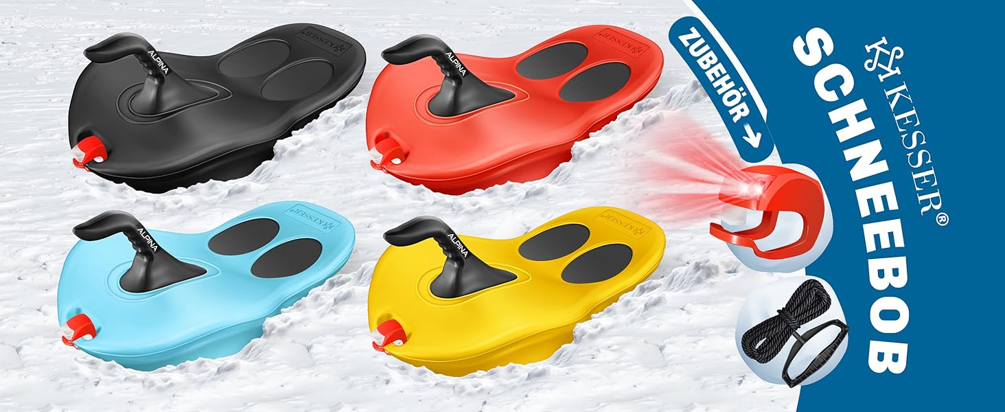 Кесер® Бобслей Bob Schneebob Alpina з LED-підсвіткою, тросом, для дітей та дорослих, пластиковий, чорний