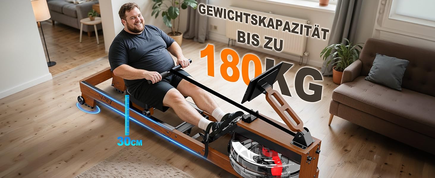 Гребний тренажер з дерева з водяним опором, до 180 кг, Bluetooth 5.1, LED-комп'ютер, складаний, для дому, сумісний з фітнес-додатками та аналізом у реальному часі