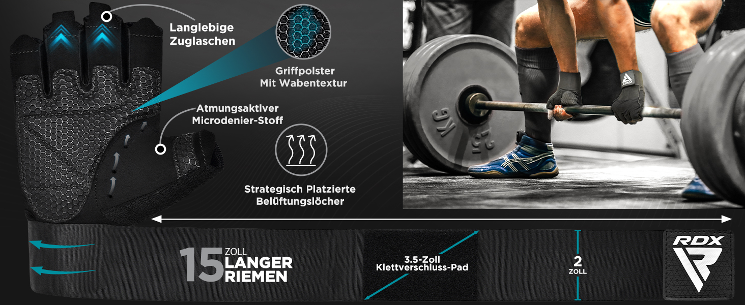 Рукавички для тренувань RDX Fitness з фіксаторами зап'ястя, 15 дюймів, захист від ковзання, для важкої атлетики, пауерліфтингу, чоловічі/жіночі