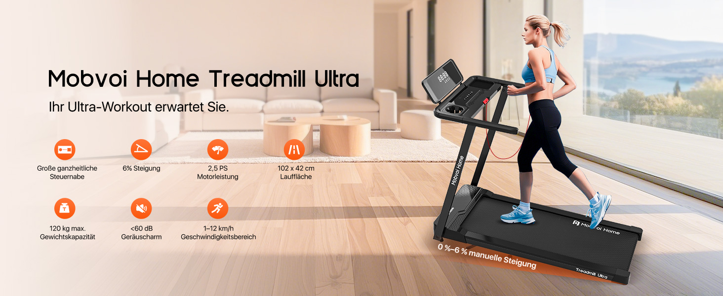 Бігова доріжка Mobvoi Home Ultra 3-в-1 для дому та офісу, 2,5 к.с., нахил 6%, велика бігова поверхня, LED-дисплей, тримач для чашки, телефону, ноутбука, вага до 120 кг, швидкість до 12 км/год