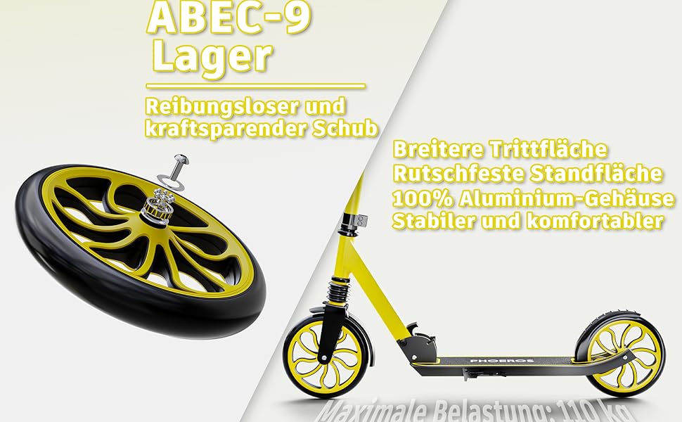 Дитячий трюковий самокат PHOEROS для дітей та дорослих, 6-12 років, складний, з амортизацією, жовтий