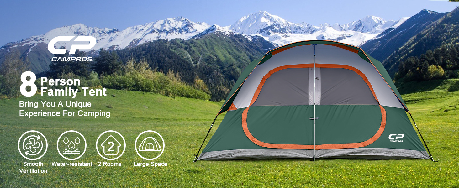 Намет сімейний CAMPROS Campingzelt 6-8 осіб, водонепроникний, 366x274x193 см, швидкозбірний, 4 сезони, з москітною сіткою та тамбуром, темно-зелений