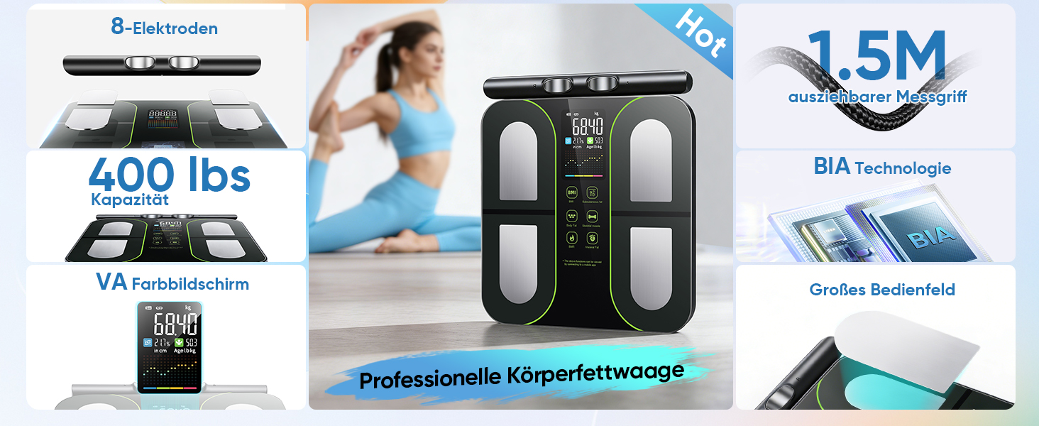 Вага для вимірювання жиру тіла з 8 електродами, персональна вага з Bluetooth, аналіз складу тіла, дисплей, 180 кг, BMI, протеїн, BMR, чорно-зелений