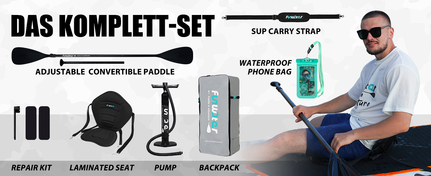 Надувний SUP Борд FunWater 10'10' - комплект з аксесуарами (чорний/зелений)